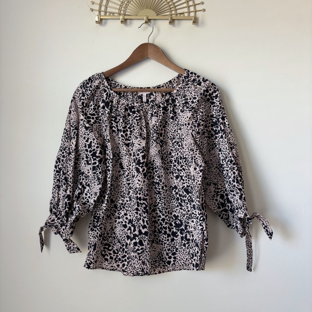 Rebecca Taylor Cheetah Print Tie Sleeve Blouse Medium